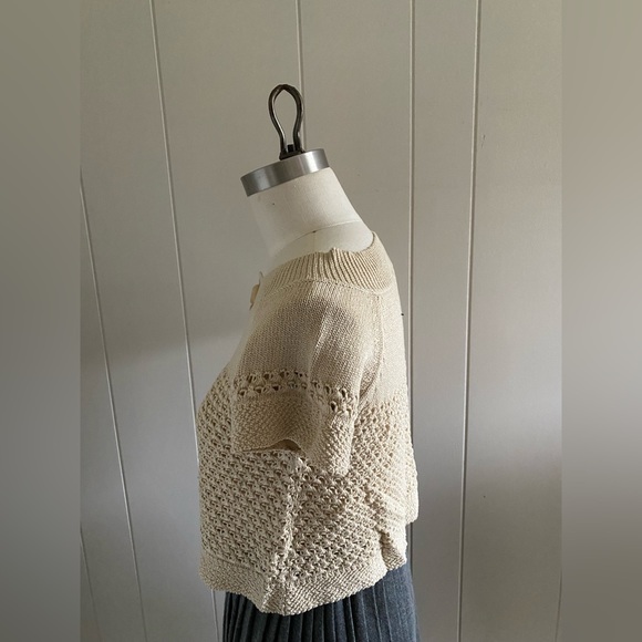 Cropped pointelle cardigan with bead encrusted button closure. - Picture 3 of 4